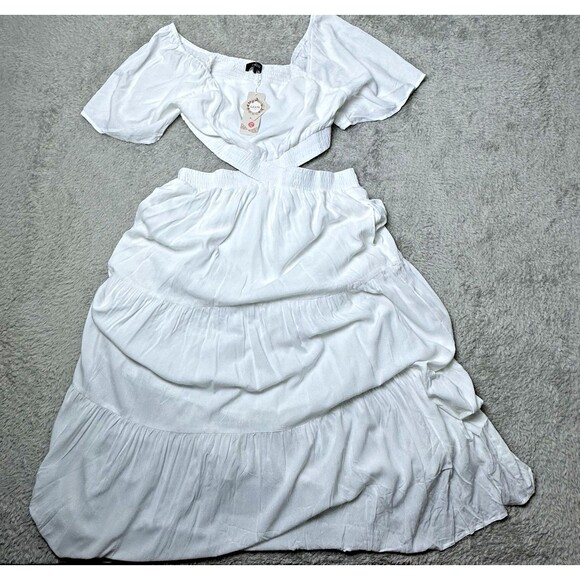 White Boho Maxi Dress XL Flutter Sleeve‎ Pockets Cutout Waist Tiered Cottagecore - Picture 15 of 15
